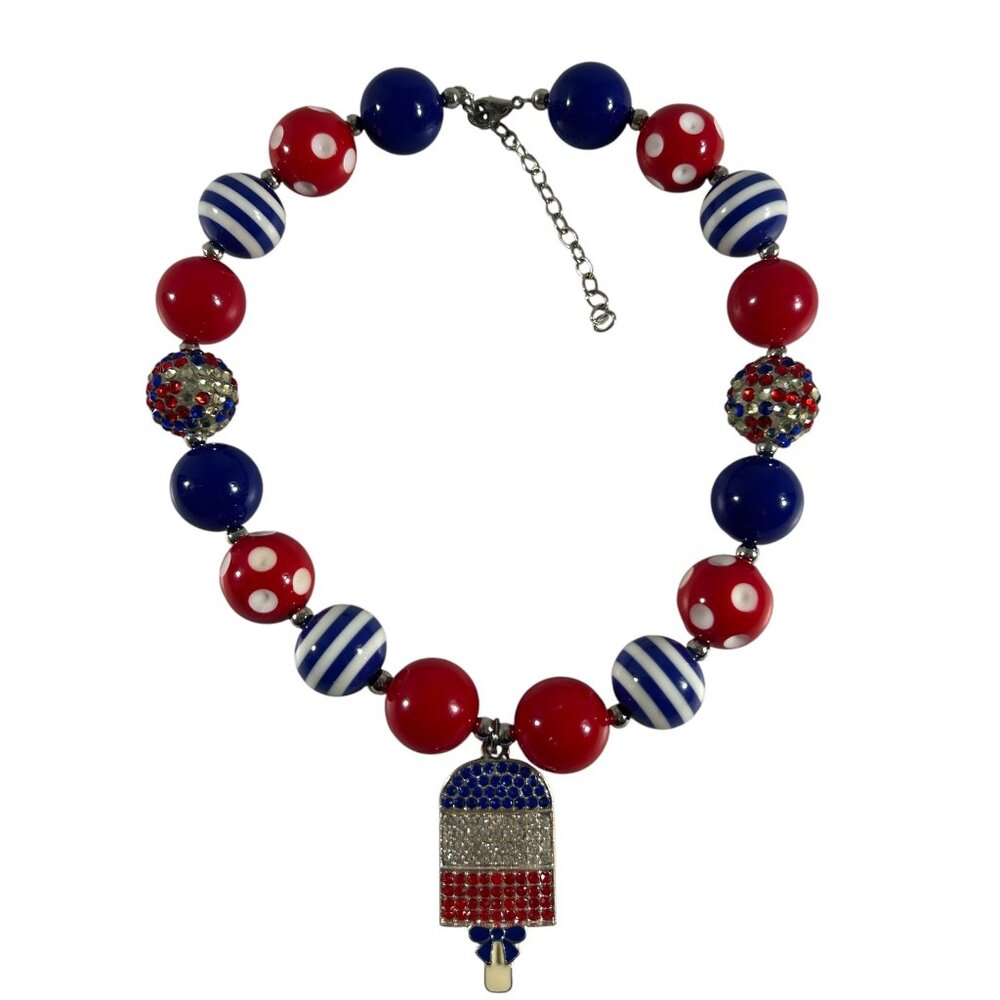 Patriotic Popsicle Beaded Rhinestones Necklace Fourth of July Chunky Colorful - Picture 2 of 7